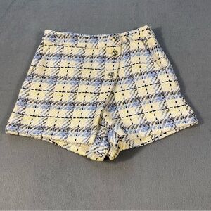 Karen Millen Cream & Blue Plaid Tweed High Waist Skort/Shorts, pockets,zipper, 4